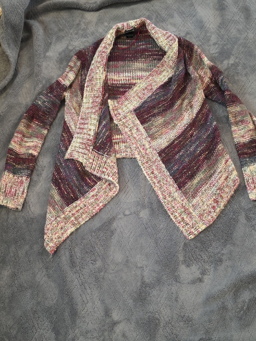Wet Seal Multicolor Draped Open-Front Knit Cardigan - Burgundy, Pink, Cream